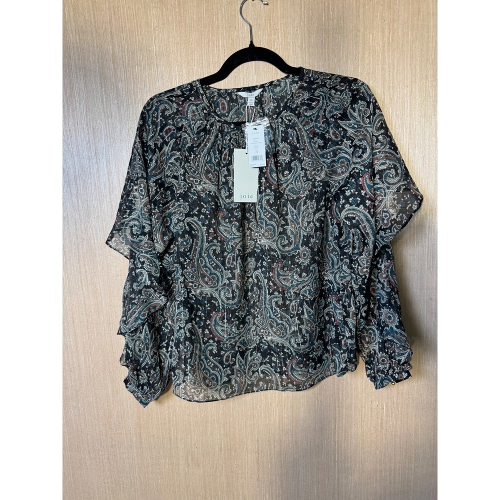 Joie Kriston XS Black Paisley Print Blouse Sheer Metallic Long Sleeve Top